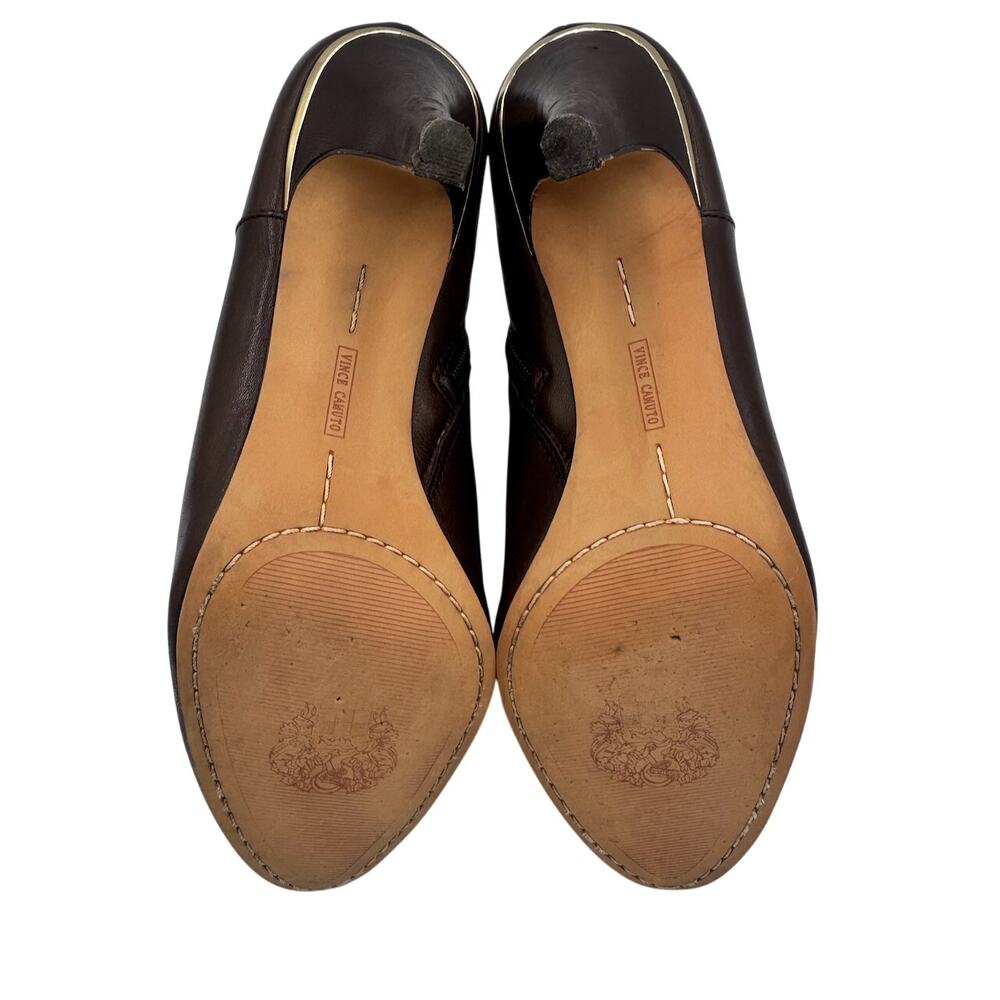 Vince Camuto Vernaya Ankle Booties 10M Espresso Brown Leather Gold Buckle Heels - Picture 3 of 16